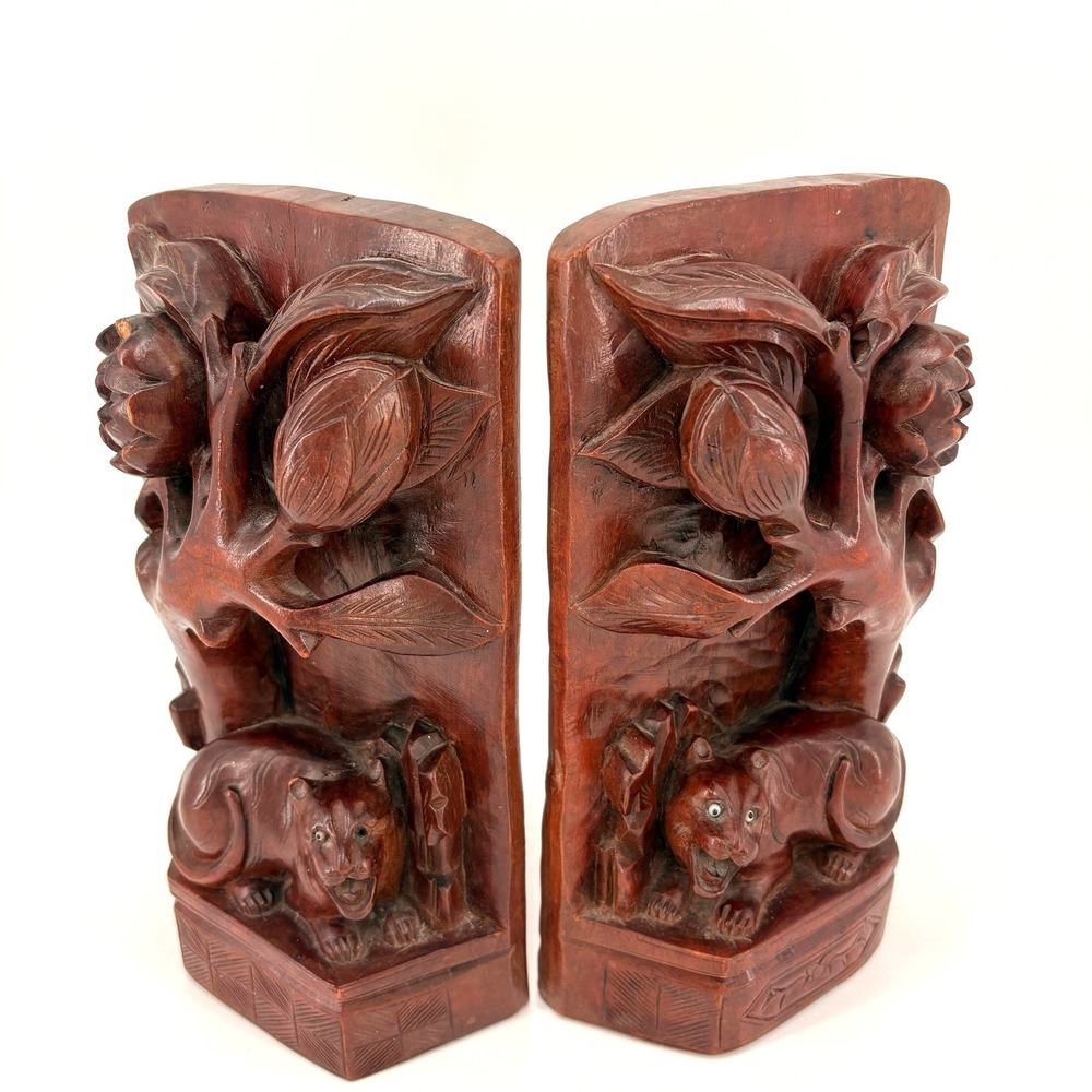 Vintage Antique Chinese Hand Carved WOOD BOOKENDS Tiger Lotus Solid Wood